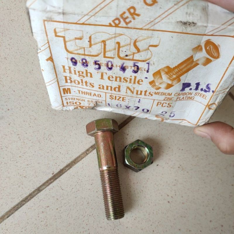 baut mur drat halus m16x70 kunci 22 drat pitch 1.5 / baut m16x70 drat halus + mur / baut kepala kunc