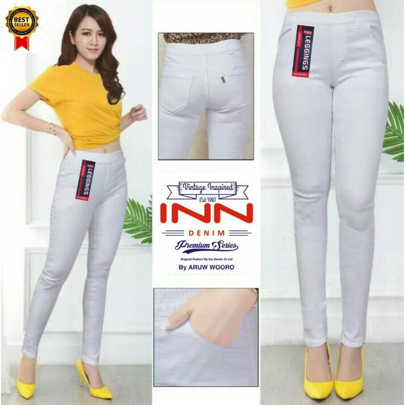 Celana Jeans Wanita Warna Putih Pinggang Karet INN DENIM Legging Jeans Polos Fashion Terbaru Jegging