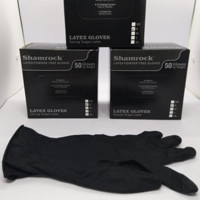 Handscoon SHAMROCK Hitam Ecer Sepasang Sarung Tangan Karet Lateks Latex Powder Merek Merk Warna Warn