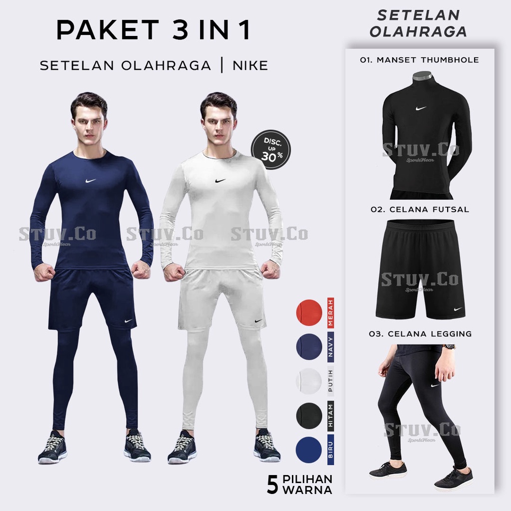 3IN1 STELAN OLAHRAGA MANSET BASELAYER THUMBHOLE  LEGGING PANJANG DAN CELANA PENDEK UNISEX 5 WARNA