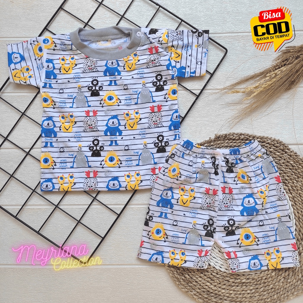 Setelan Baju Bayi Lengan Pendek Kaos Oblong Kancing Bahu Anak Usia 3-12 Bulan Motif Monsters Ink Meyriana Collection