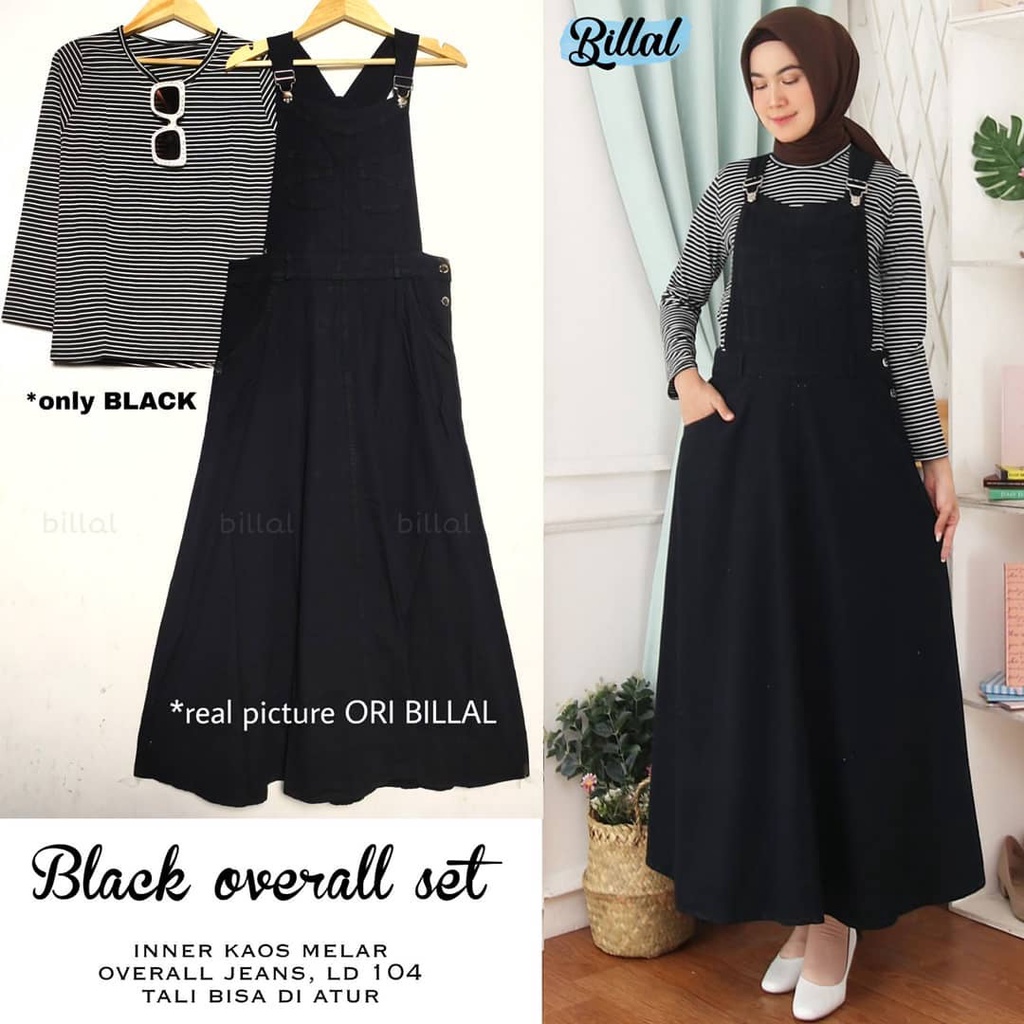 BLACK OVERALL SET BY BILLAL | BLACK OVERALL GAMIS + INNER STRIP KAOS MELAR OVERALL JEANS LD 104CM