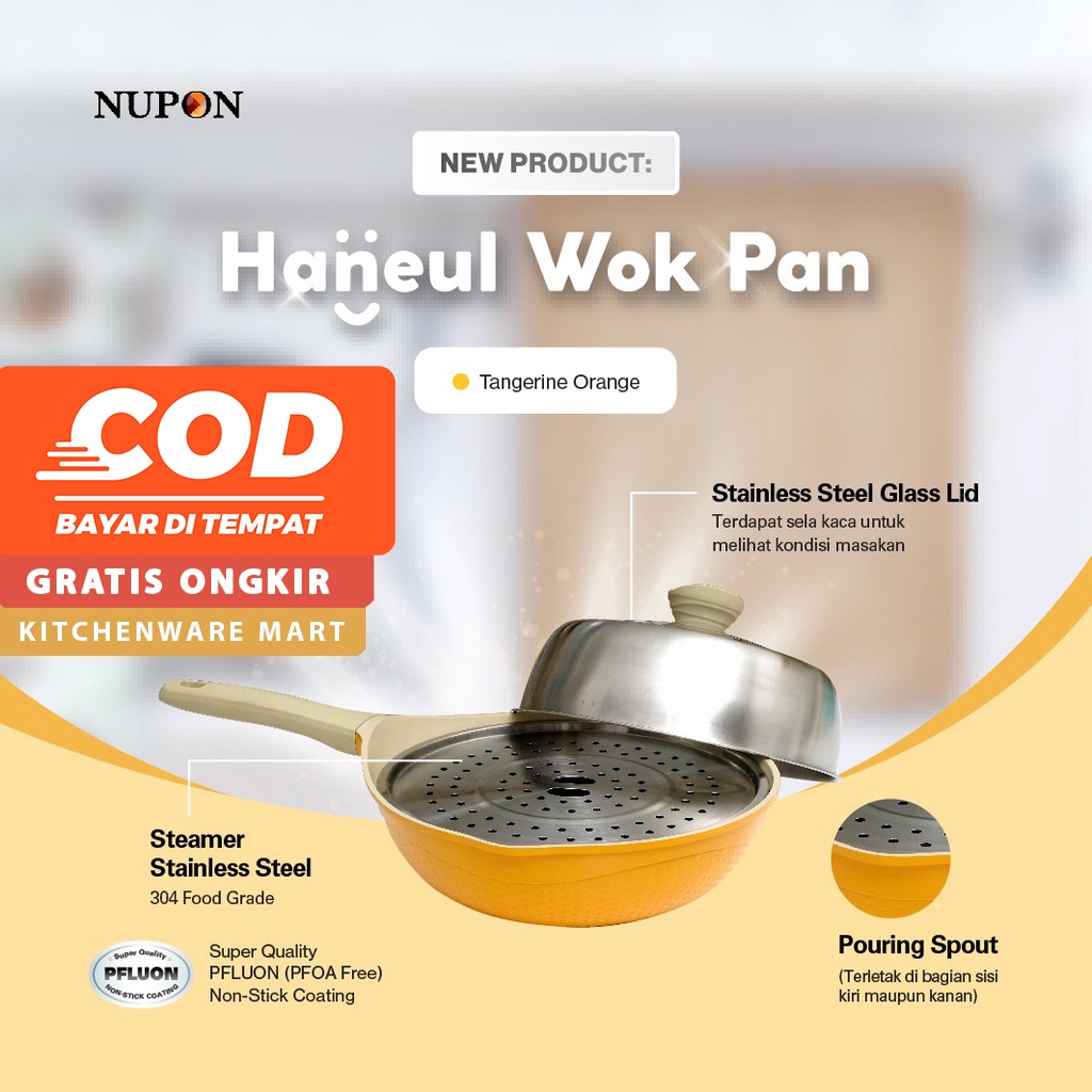 Panci Haneul Wok Pan 28cm NUPON With steamer dan stainless steel glass lid dengan glass lining Induction Bottom PFOA FREE - Premium Series - Areum Series