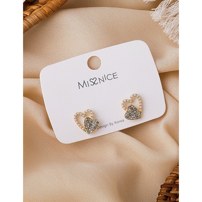 LRC Anting Fashion Gold Color Love Pearl And Diamond Alloy Hollow Stud P71852