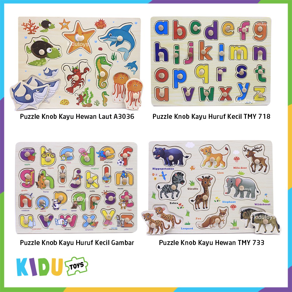 Mainan Anak Puzzle Knob Kayu Huruf / Angka / Hewan / Sayur / Buah (Beli 3 = HARGA GROSIR, Boleh Mix) Kidu Toys