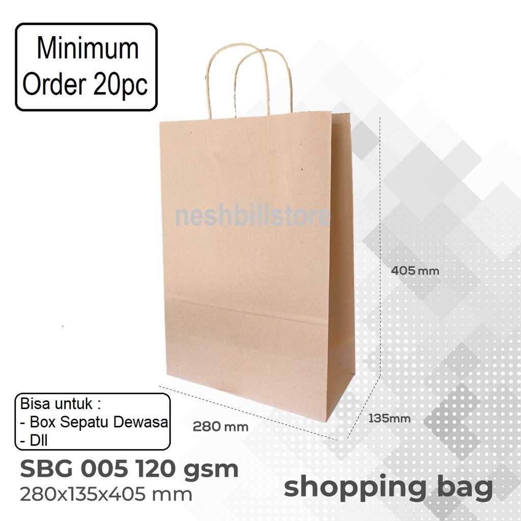 (MIN 20PC) Paper Bag | Shopping Bag Coklat Polos SBG05 P 28 x L 13.5 x T 40.5CM