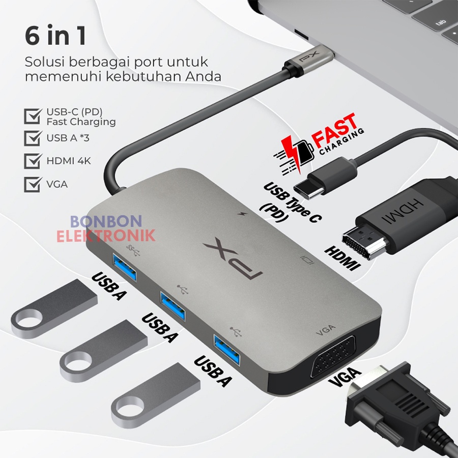 PX UCH60 Hub Converter USB Type C 3.1 to HDMI 4K VGA USB 6 in 1