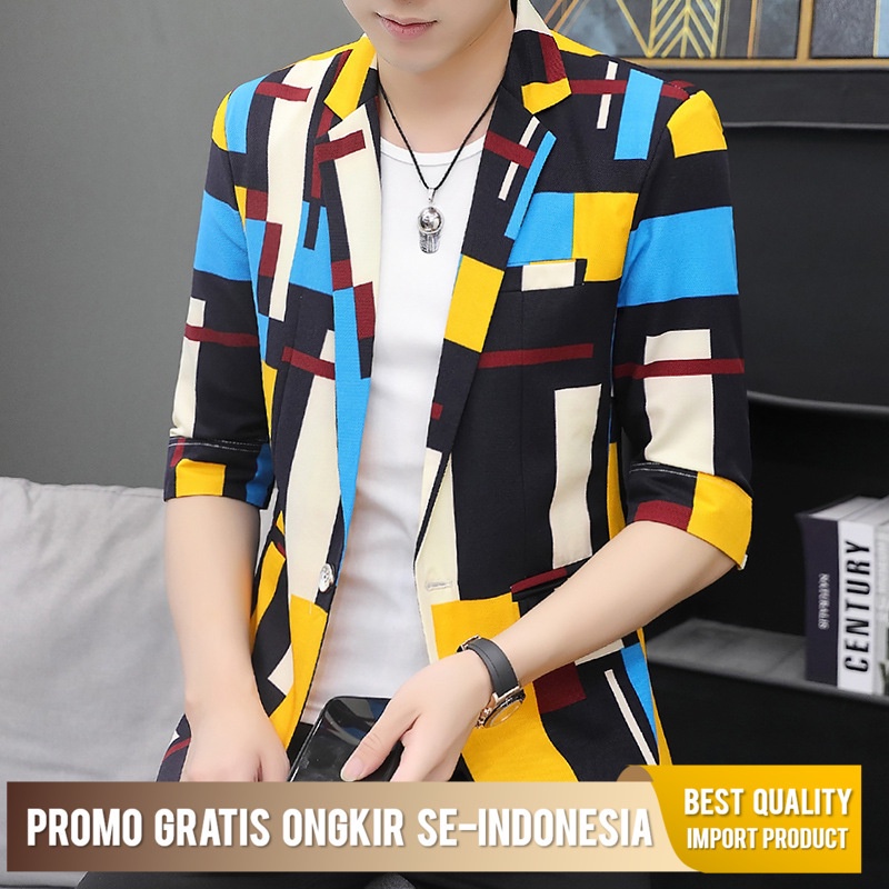 Blazer Pria Summer Thin Suit Men's Korean Slim Fitting Jacket Meum Casual Plaid Blazer Seven Sleeve 