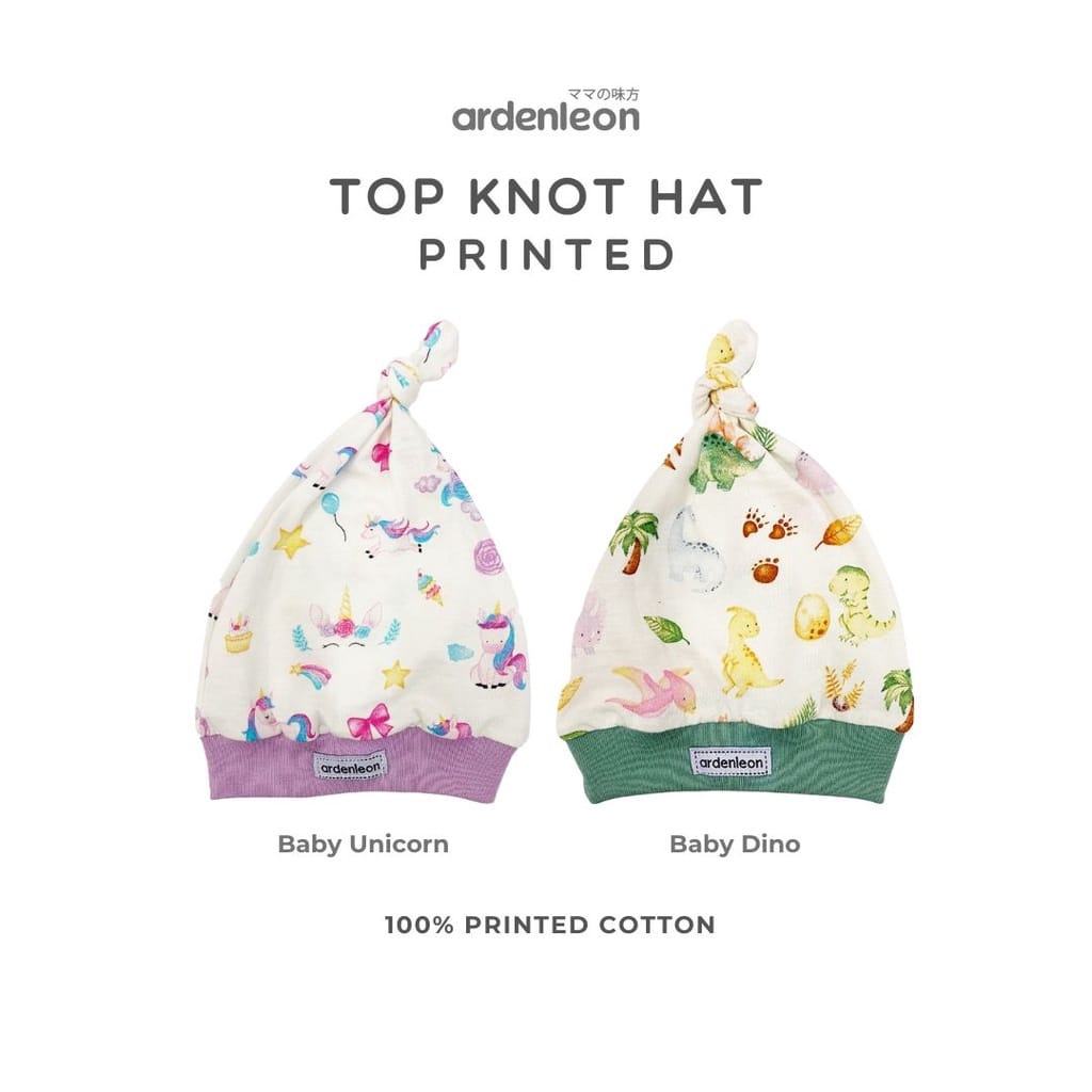 ARDENLEON Baby Top Knot Hat Printed Topi Bayi (Baby Dino/Unicorn)