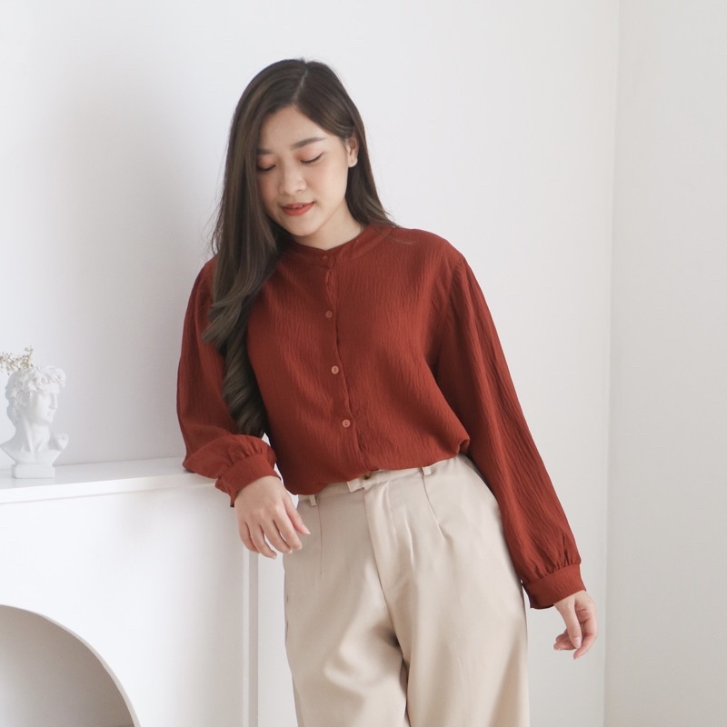MSMO River Blouse Oneck Longsleeve / Blouse Wanita / Kemeja Kantor / Kemeja Crinkle / Kemeja Lengan Panjang-Terracotta