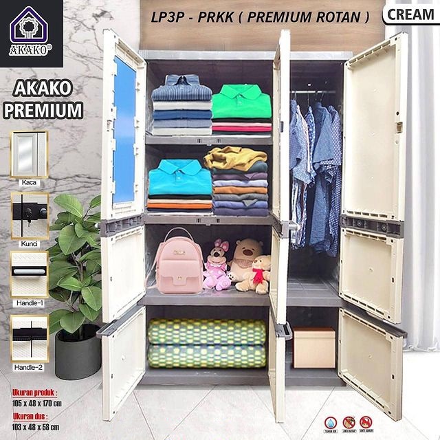 JUMBO LEMARI PLASTIK AKAKO ELEGANT 3 PINTU KACA LP3EP PREMIUM LEMARI GANTUNG KACA FULL KUNCI