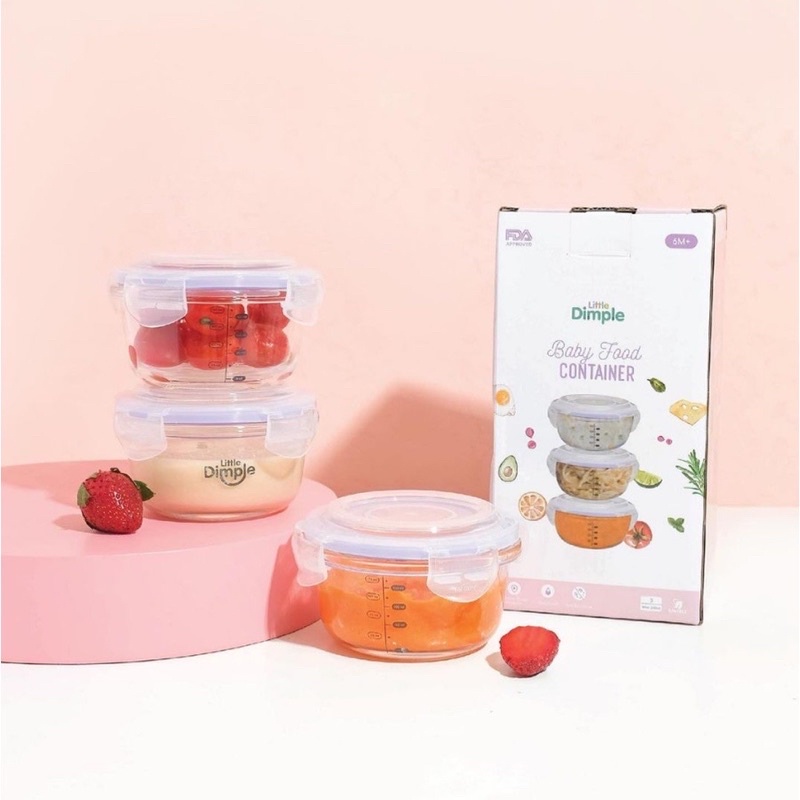 [FREE BUBBLE] Little Dimple Food Container 240ml Wadah Tempat Simpan Makan MPASI Bayi Kaca + Penggaris Ukur Anti Tumpah Aman KUKUSAN