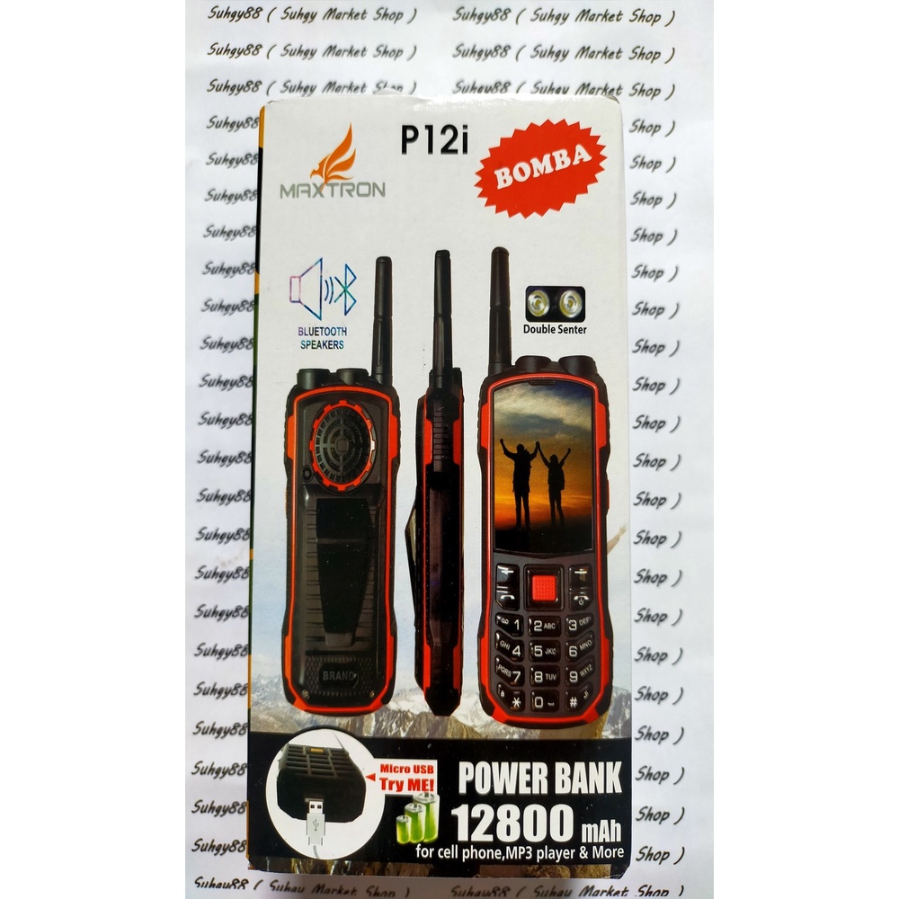 Handphone Maxtron P12i Double senter Power bank 12800 mAh Hitam