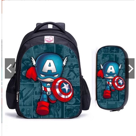 Tas Marvel Captain america lucu 2 in 1 tas + kotak pensil karakter spiderman sekolak tk sd cowok lucu kado hadiah lucu