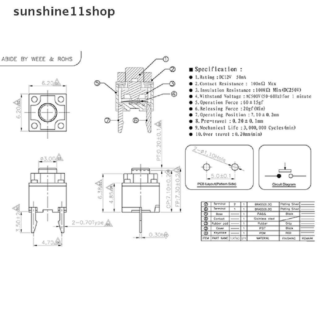 (SHO) 10pcs Kailh Tombol Mute 6x6 X 7.3 Untuk Mouse Wireless