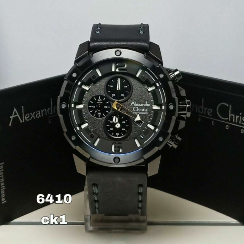 jam tangan Alexandre Christie AC 6410 leather pria black dial white original