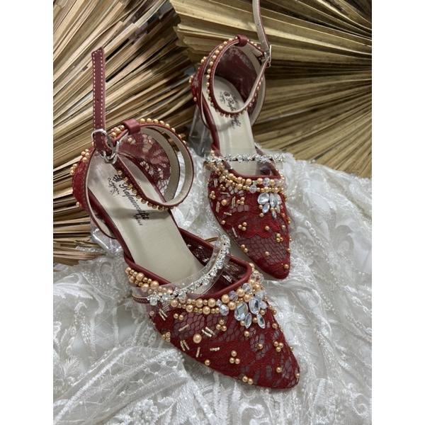 sepatu wanita Zaneta merah marron payet gold tali 7cm kaca