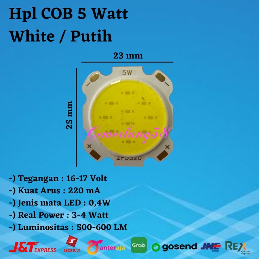 LED COB 5W Putih / White 28/20 mm 15-17V 200-240 mA High Power LED