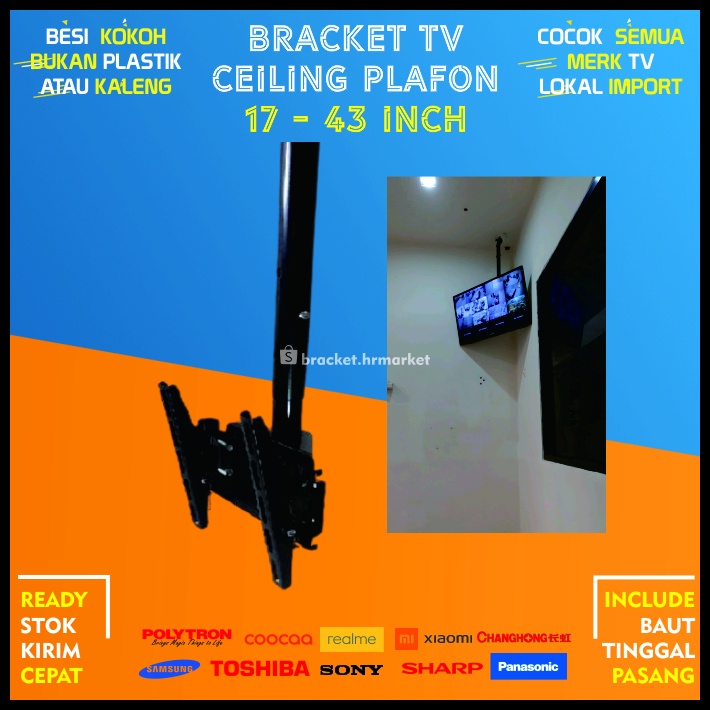 Bracket TV Ceiling Gantung 32 40 43 24 21 29 17 14 Inch Dijamin Cocok LED LCD 14 - 43 In Universal Breket TV Briket TV Braket TV Ceiling TV Ceiling Gantung TV Gantung Plafon TV Gantungan TV Tembok Tempelan TV Dinding HR1 Ceiling 1m