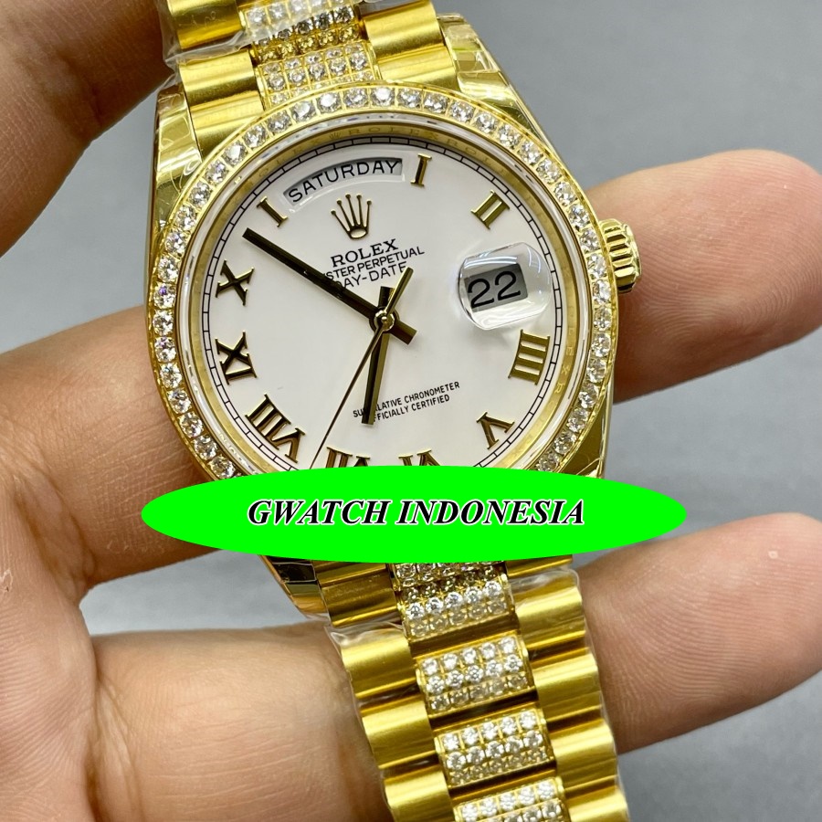 Flash Sale   Jam Tangan Wanita Branded Rolex Day Date 128348 Diameter 36mm White MOP Dial YG Preside