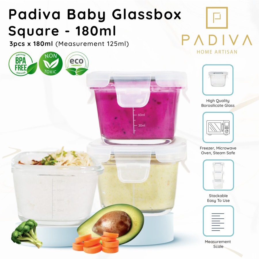 Padiva Baby Glassbox Square 180ml (3pcs) - Glass Box 180 ml Kotak Kaca tahan panas microwave