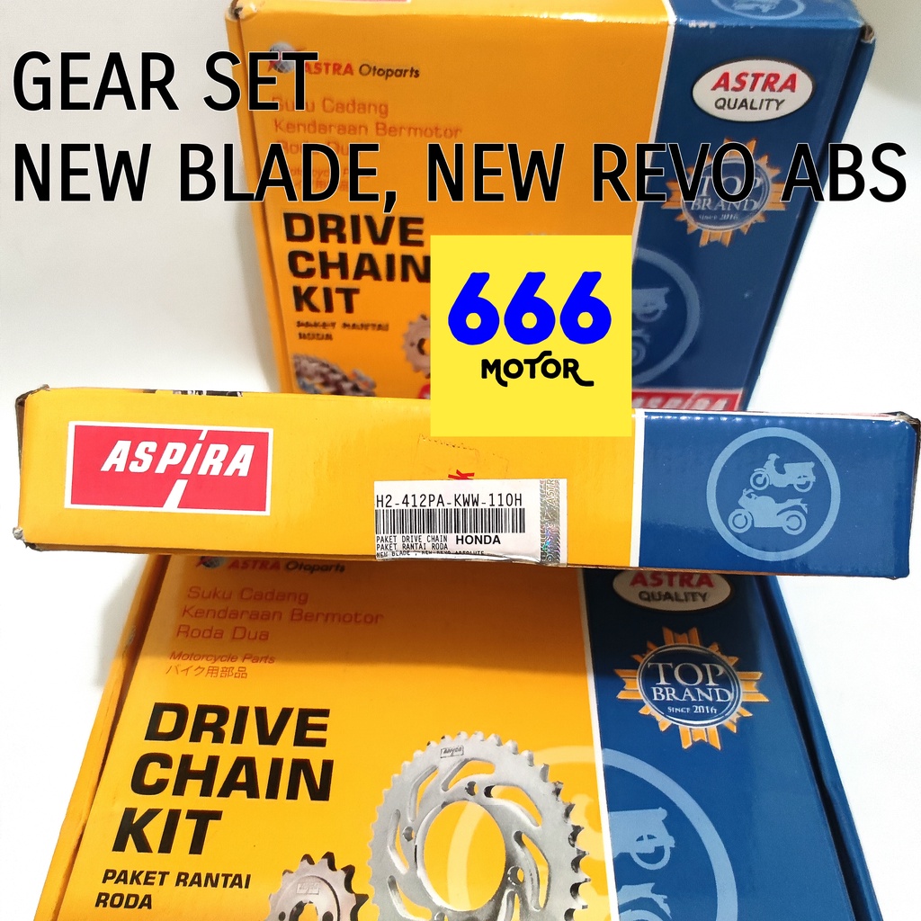 GEAR SET DEPAN BELAKANG PLUS RANTAI BLADE NEW REVO ABS NEW REVO FIT SUPRA X 125 KARISMA ASPIRA ASTRA OTOPART H2-412PA-KWW-110H