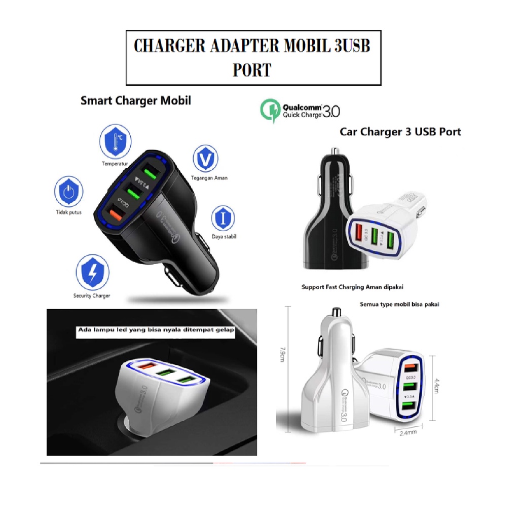 LeSHANG Car Charger 3 Ports Adaptor Mobil Colokan Mobil Dengan LED Ring Light