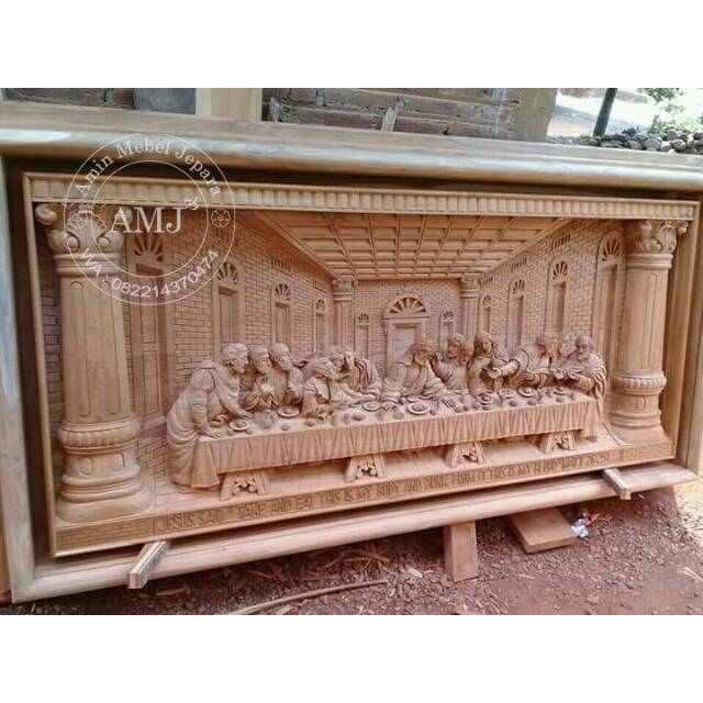 Relif ukir perjamuan kudus 3D souvenir rumah kayu jati
