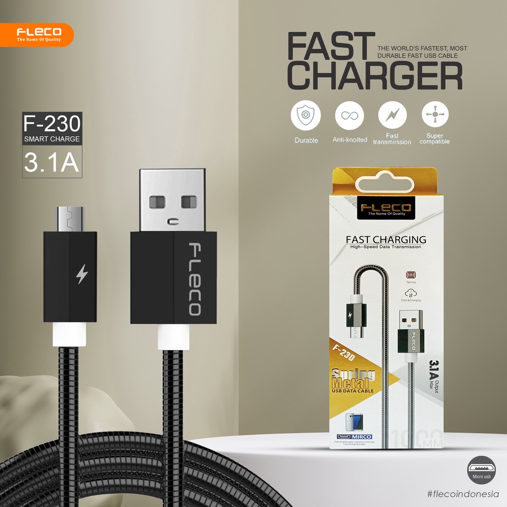 Kabel Data Usb Fleco Metal 100cm  F-230 Fast Charging Aluminium Micro Iphone Type C Cable Fast Charger Qualcomm QC 3.0A