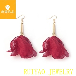 Anting Rumbai Panjang Desain Bunga Bahan Kain Aksen Mutiara Berlian