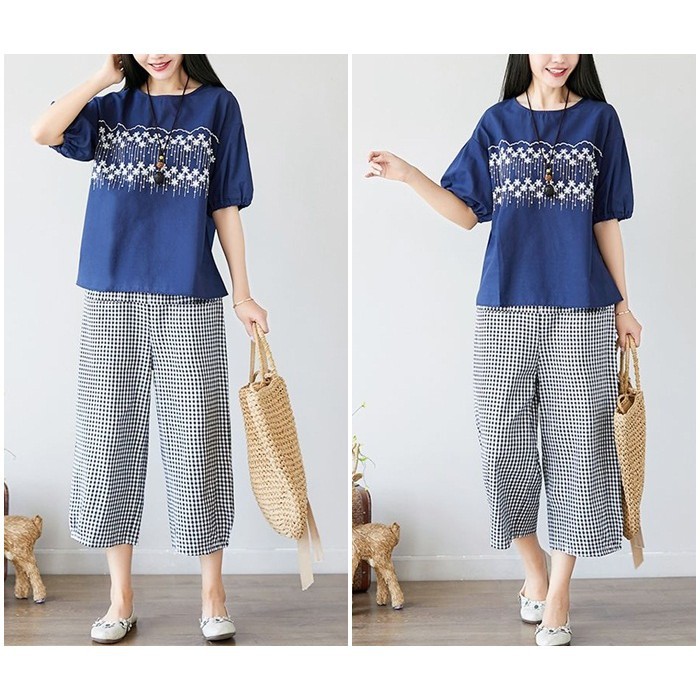 [baju wanita korea]  Baju Atasan Bordir Wanita Blouse Korea Import Biru Putih Blue