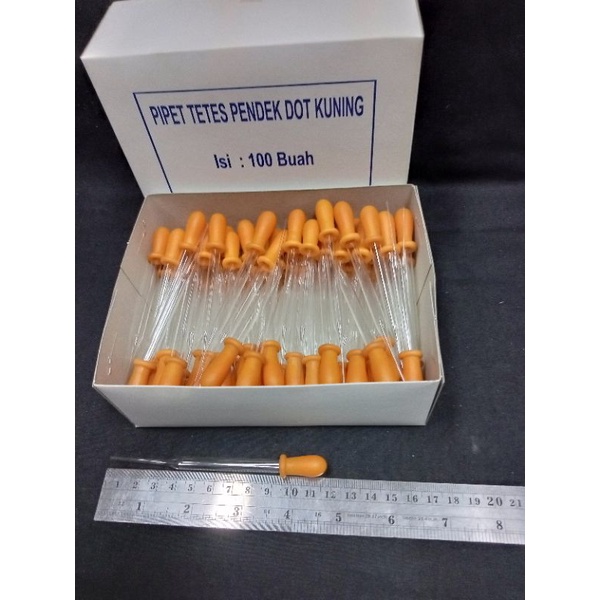 Pipet tetes kaca Pendek dot kuning 10cm (@10bh) ECER