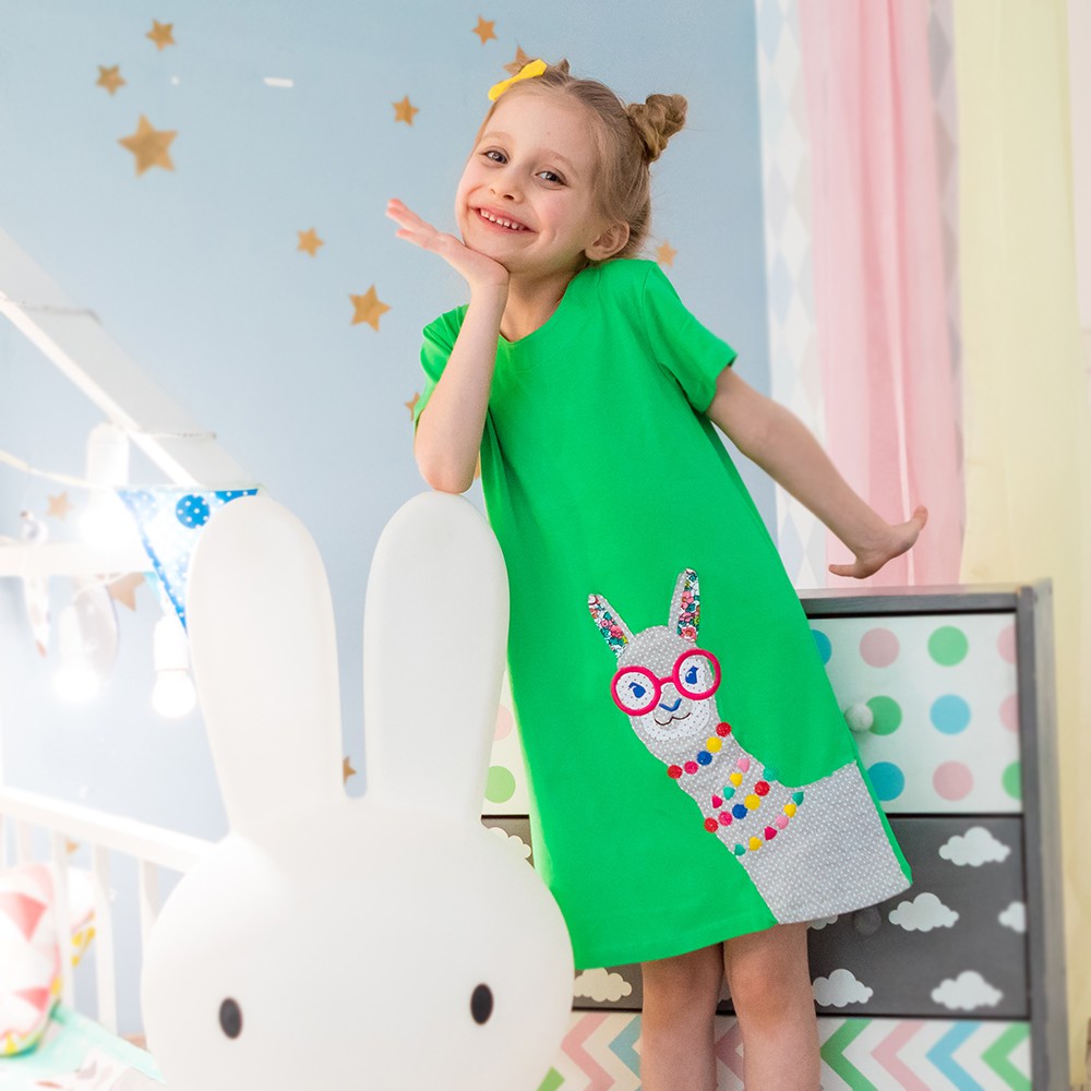 Dress Musim Panas Motif Kartun Hewan Warna Hijau Untuk Perempuan