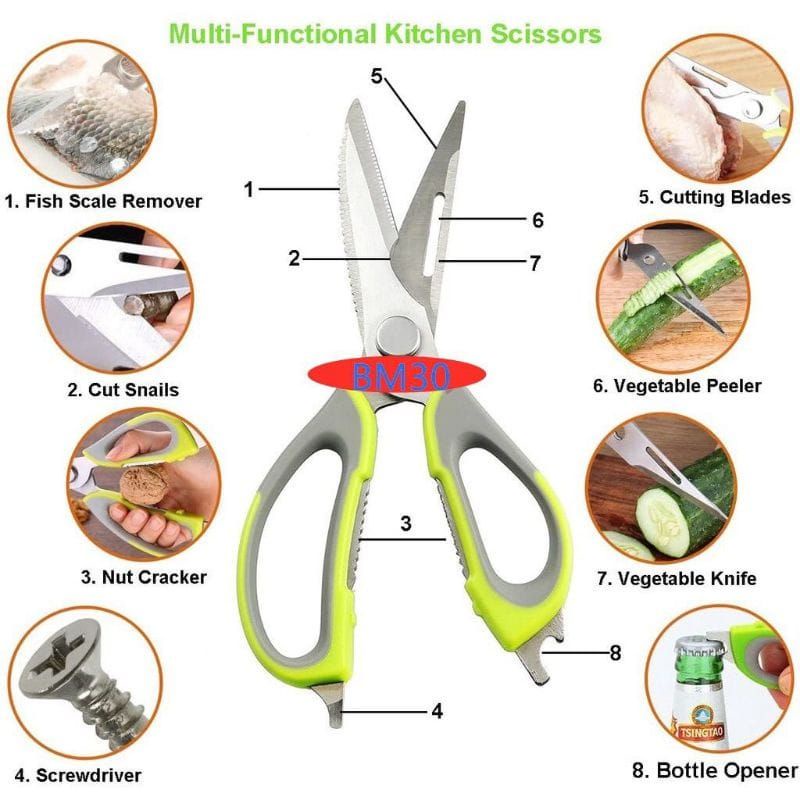 Kitchen Scissor 8 in 1 / Gunting dapur serbaguna / Gunting multifungsi 8 in 1 Gunting daging ikan ayam stainless steel dengan Penutup magnet