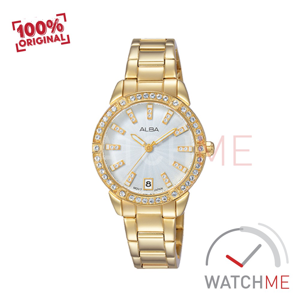 Jam Tangan Wanita Alba Analog AG8H02X White Dial Gold Stainless Steel Original Garansi Murah