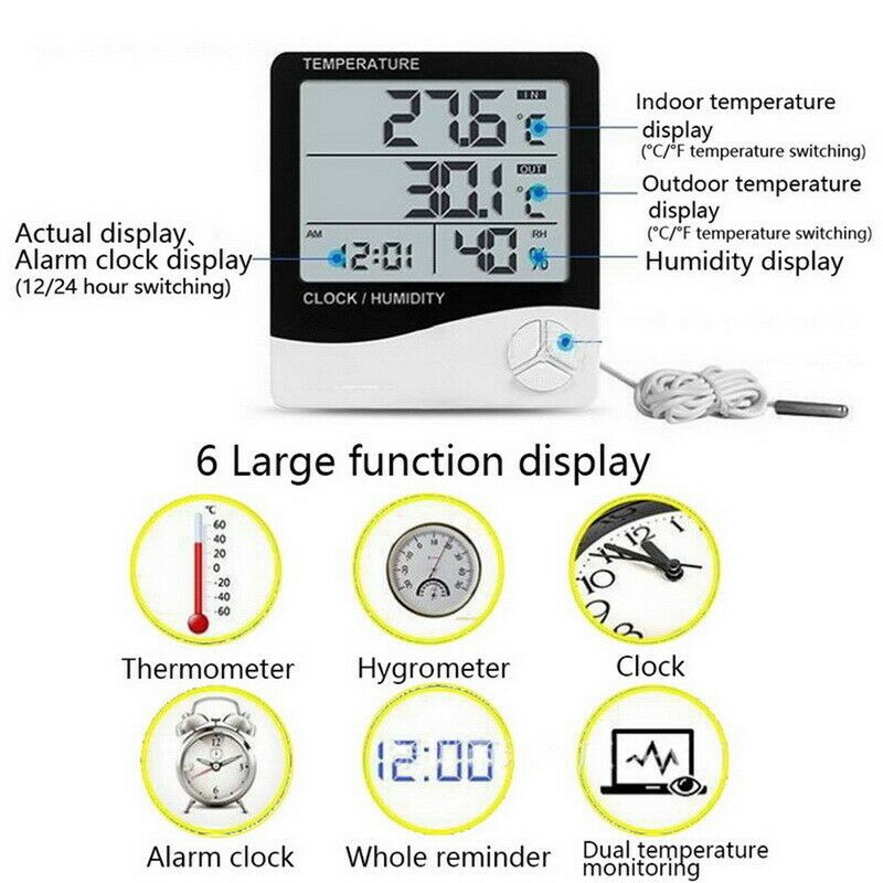 HTC-2 Digital Thermometer Hygrometer Suhu Ruang Indoor Outdoor 3 Baris Alarm Clock Jam