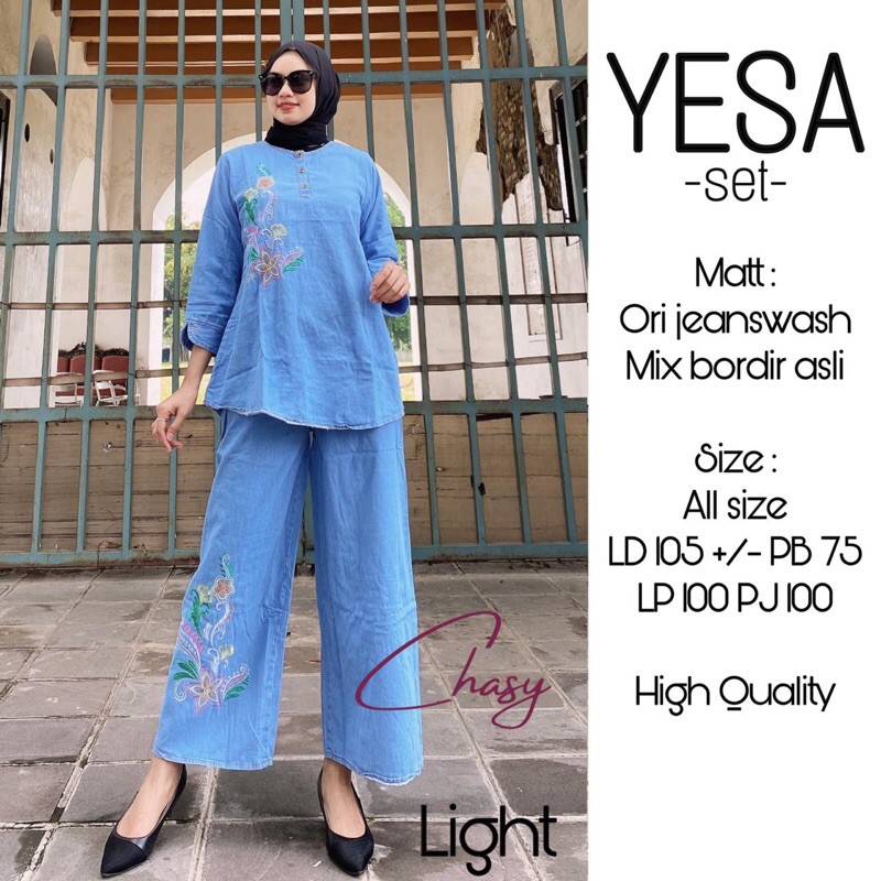 Yesa One Set Setelan Kulot Jumbo Jeans Wash Bordir Asli Ld 105 Fit XXL High Quality By Chasy