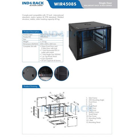 Wallmount Rack Single Door 8U WIR4508S 450mm