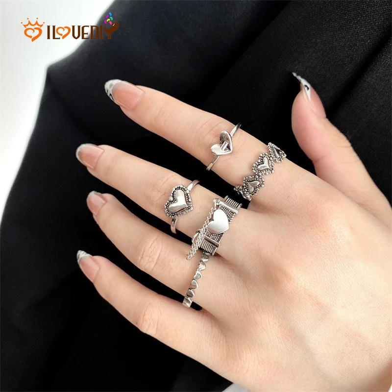 Cincin Model Terbuka Bentuk Hati Geometris Gaya Vintage Punk Hip Hop Adjustable Untuk Wanita