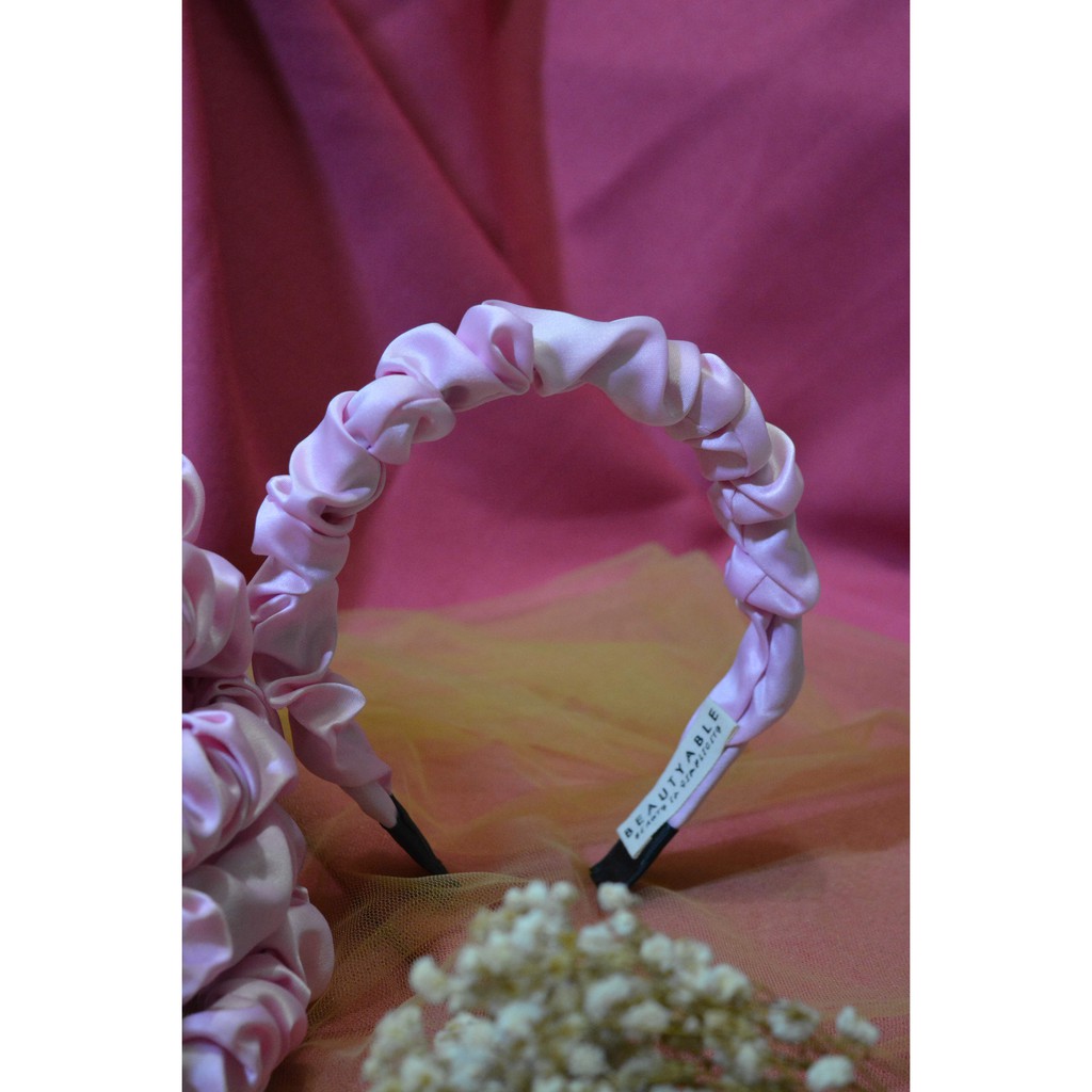 Lokal Bando Srunchie Silver Pink model korea kain satin kualitas PREMIUM / Bando cantik / Bando mura