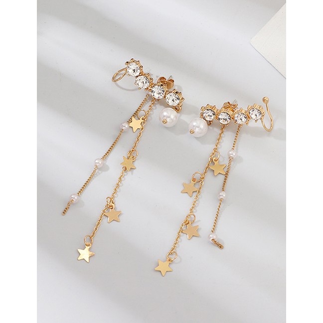 LRC Anting Tusuk Fashion Gold Pentagram Artificial pearl With Zircon Fringe Stud Earrings D34643