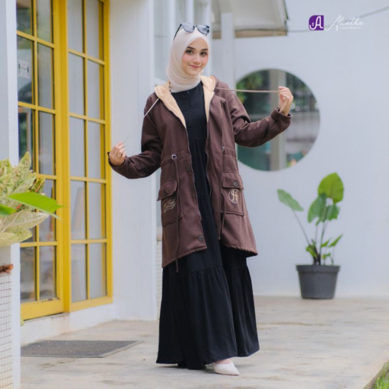 OUTER HIJAB MUSLIMAH TERBARU ORI ALIETHA JAKET HODIE WANITA MODERN MASAKINI-Coffee