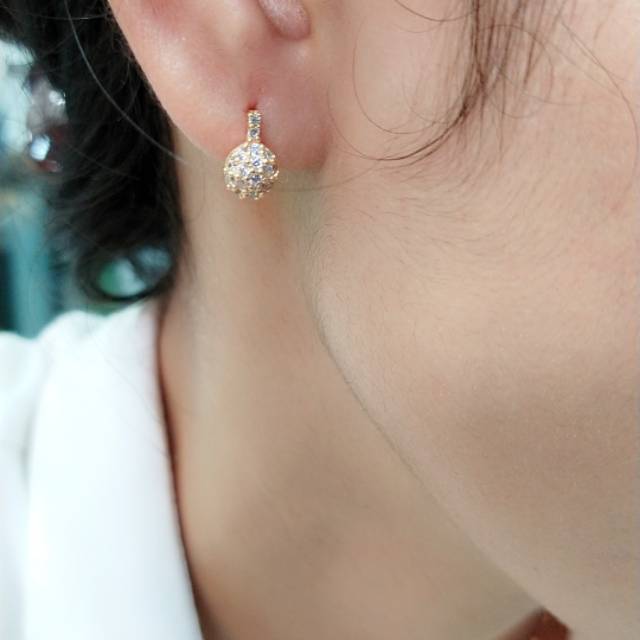 Anting jepit dewasa bola disco mata berlian putih full perak asli925/silver lapisan mas kuning murni
