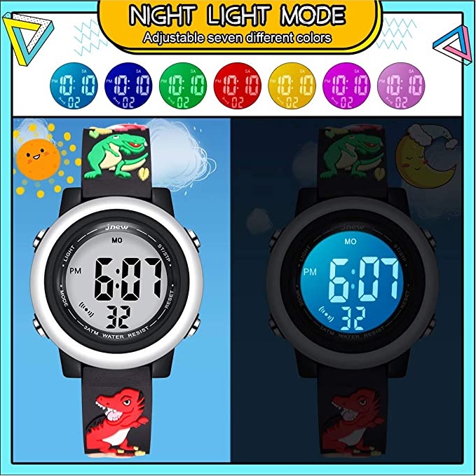 jam tangan anak laki-laki Light watch jam alarm seven colors flashing Waterproof electronic wristwatch boy watch with cartoon kids watch dinosaurus pattern for 3-10 years old baby