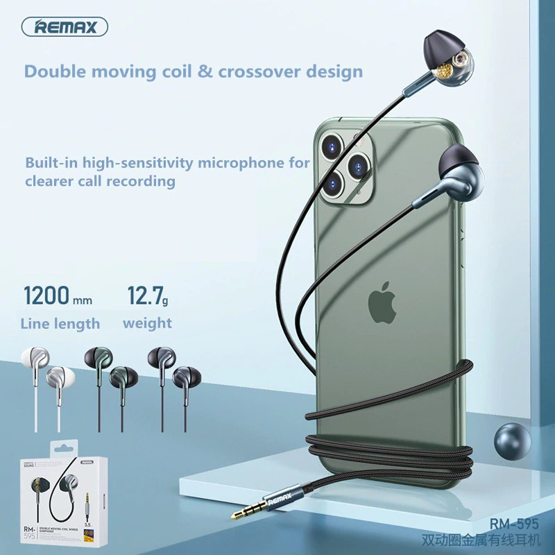 REMAX RM-595 Wired Cable Earphone Headset Quad Core Bass