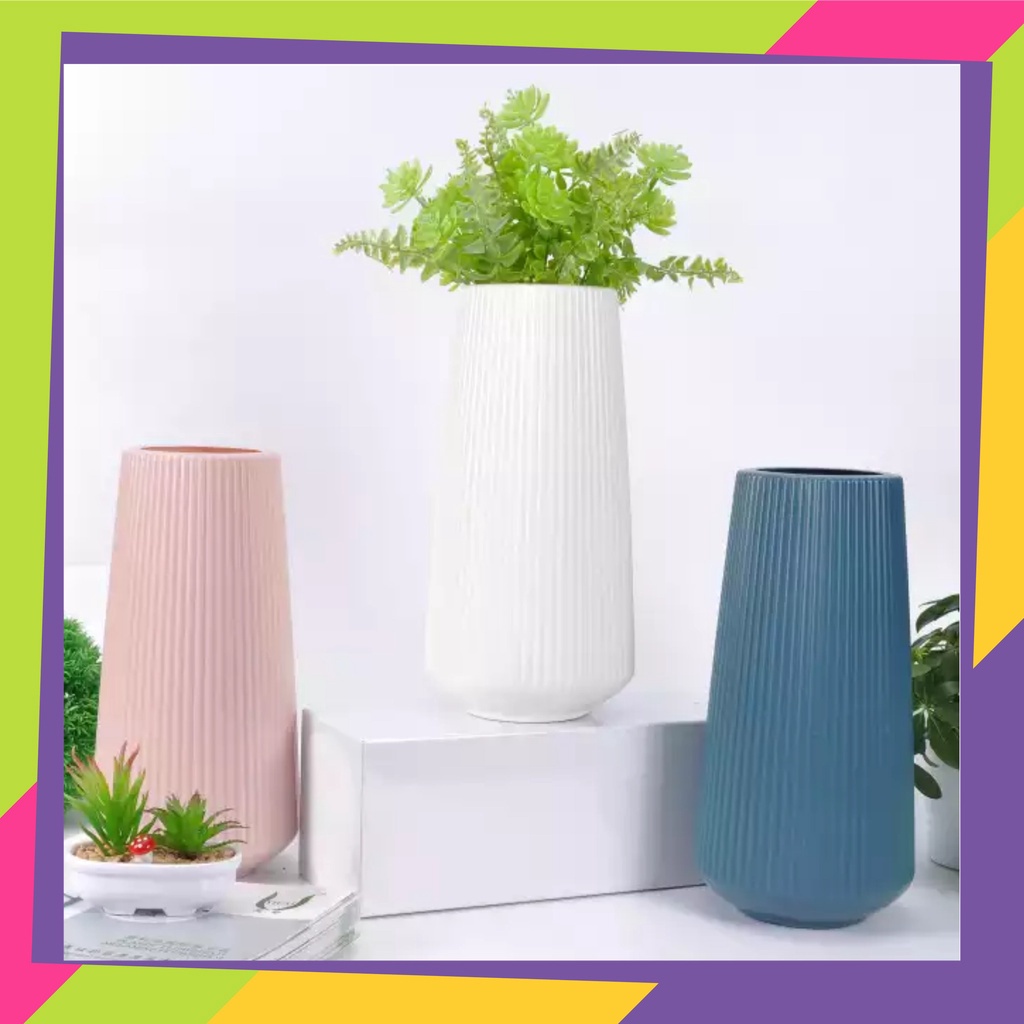 1333D1 / Pot bunga plastik model Guci garis2 / Vas bunga tanaman Artificial