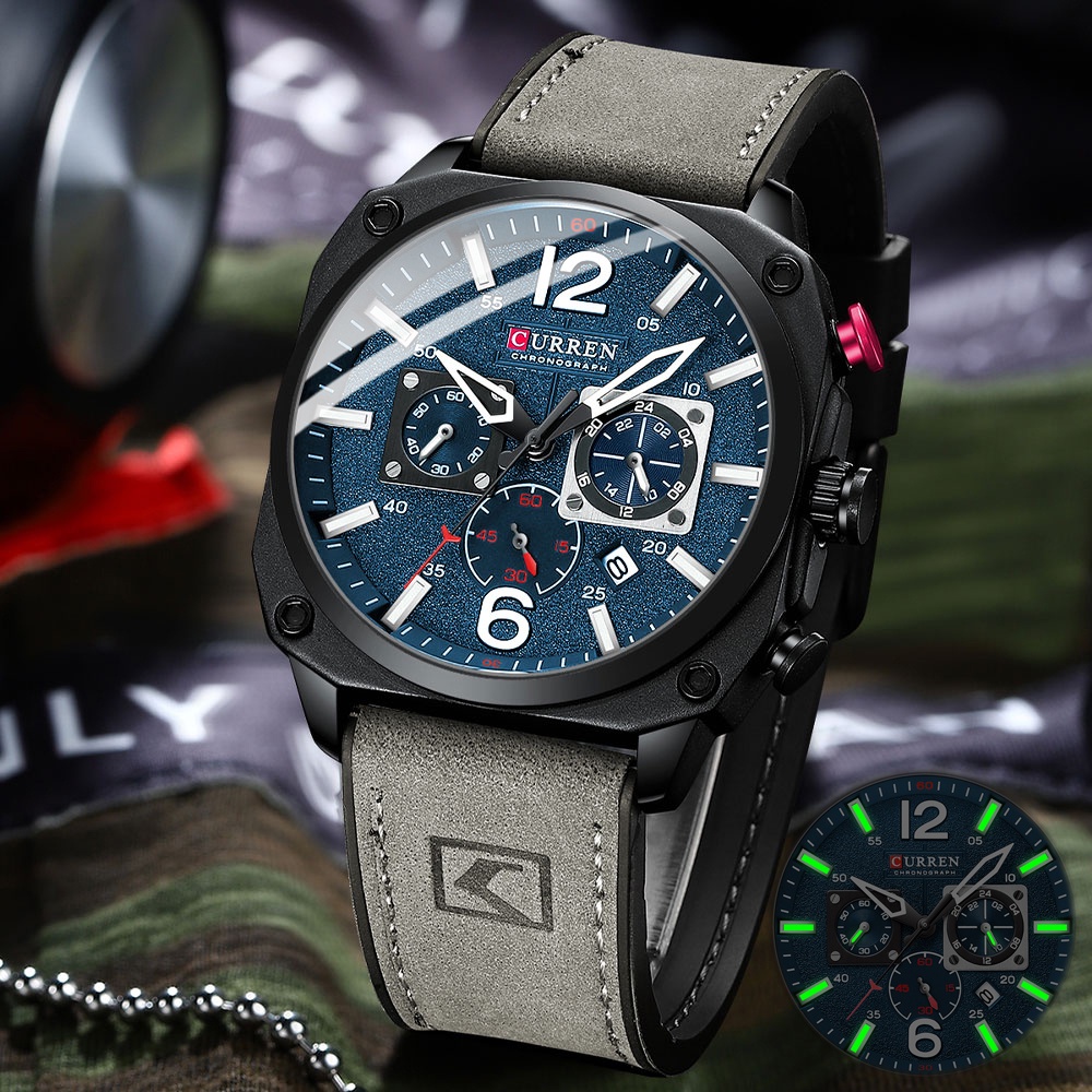 CURREN Pria Jam Tangan Fashion Kasual Kuarsa Jam Tangan Sporty 2021 Biru Jam Pria Chronograph Kulit Jam Tangan