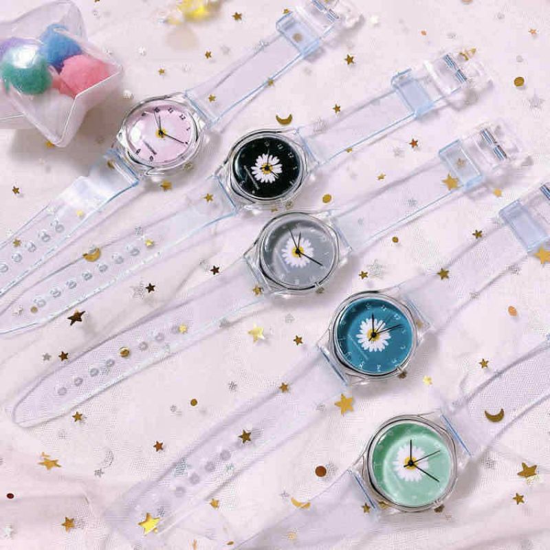 Jam Tangan Quartz Analog Motif Bunga Transparan Untuk Wanita /  Jam Tangan Motif Bunga