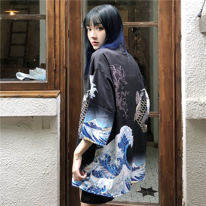 KIM 05 loose kimono jepang  satin printing motif  ombak  wave 