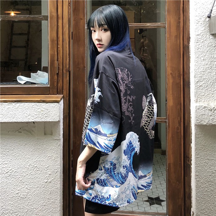 KIM 05 loose kimono jepang satin printing motif ombak wave KIM 05 loose kimono jepang satin printing motif ombak wave
